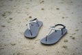 A pair of abandoned black thongs on the sandy shoreline